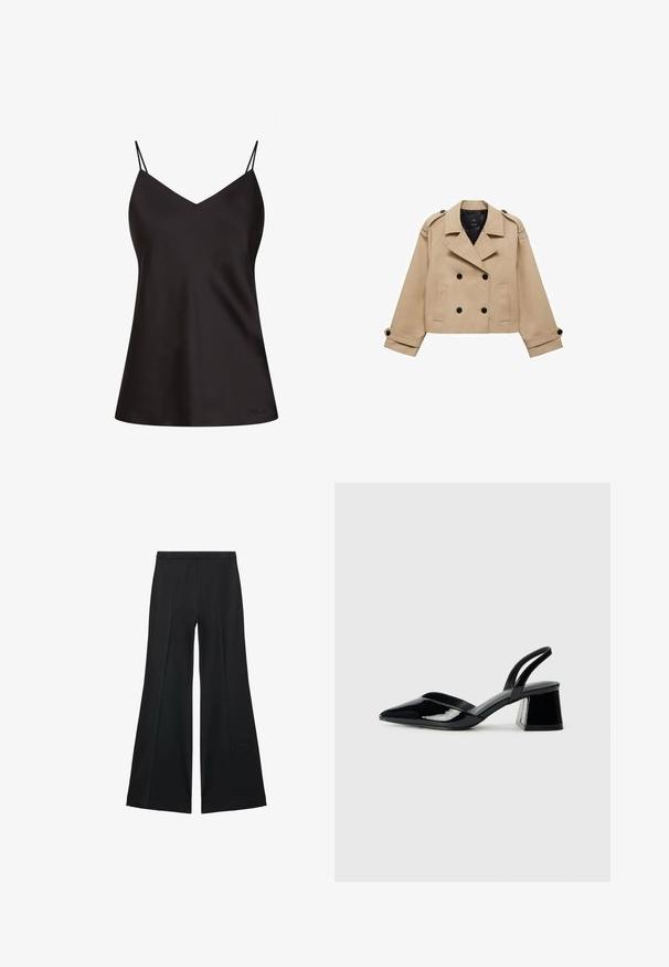 Beige kort trenchcoat med dobbeltknaplukning, skulderklapper og sorte knapper. Blødt stof og skræddersyet design.; Sort satin camisole med tynde justerbare stropper, V-udskæring, flydende silhuet og subtile logo-detaljer nederst til venstre.; Sorte brede bukser med en glat tekstur, der har fremadrettede folder og en skræddersyet design. Stofferne er lette og flerdimensionelle.; Sorte patentlæder slingback hæle med spids tå og en geometrisk blok hæl. Har et elegant, minimalistisk design og en glat tekstur.