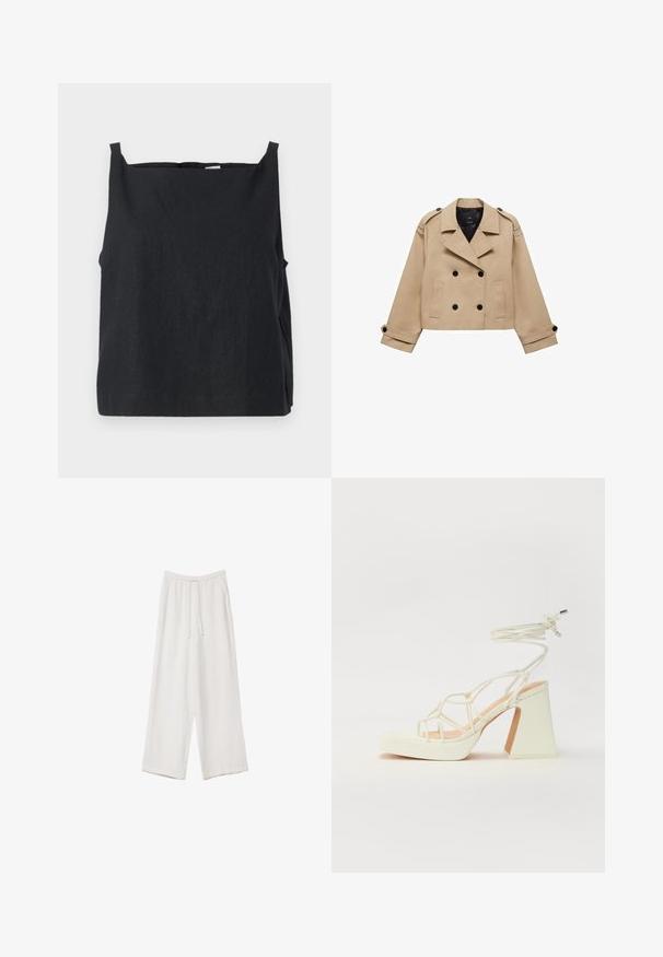 Béžový skrátený trenčkot s dvojradovým zapínaním na gombíky, s ramennými epauletmi a čiernymi gombíkmi. Mäkkučký materiál a prispôsobený strih.; Čierny bezrukávový top vyrobený z ľahkého materiálu. Štvorcový strih s okrúhlym výstrihom a úzkymi ramienkami. Hladká textúra, minimálne detaily.; Biele široké nohavice vyrobené z ľahkej tkaniny. Obsahujú elastický pás so sťahovacou šnúrkou a bočné vrecká. Hladká textúra.; Biele sandále na vysokom opätku s hrubým podpätkom, s pruhovaným dizajnom a viazaním na členku. Hladký povrch s platformou vpredu pre zvýšenú výšku.