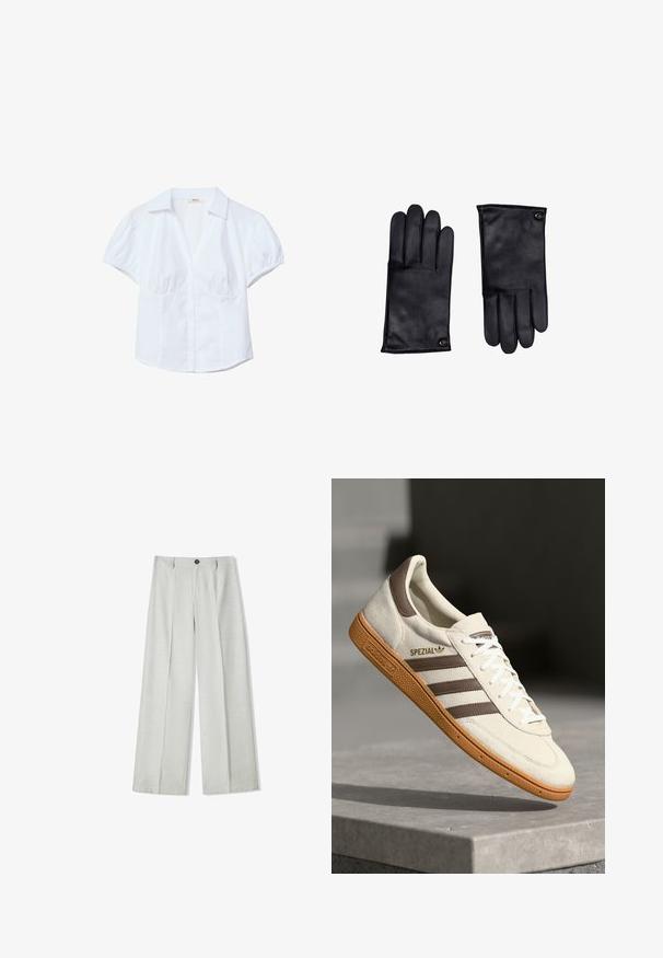 Bežna skrajšana trench jakna z dvostranskim gumbom, epauleti na ramenih in črnimi gumbi. Mehka tkanina in kroj, prilagojen postavi.; Bela kratka majica s kratkimi rokavi, z strukturiranim ovratnikom, napihnjenimi rokavi in sprednjim gumbom. Ima nabran material na prsih.; Svetlo sivi široki hlače iz teksturiranega materiala, ki imajo zaponko na gumb in dva plisa spredaj za dodaten detajl.; Beli semišni športni čevelj z rjavimi usnjenimi detajli, tremi rjavimi črtami in belimi vezalkami. Ima teksturiran gumijast podplat in zlato oznako "SPEZIAL".; Črne usnjene rokavice s petimi prsti, gladko teksturo in šivanim detajlom. Okrašene z majhnim logotipom blizu manšete.