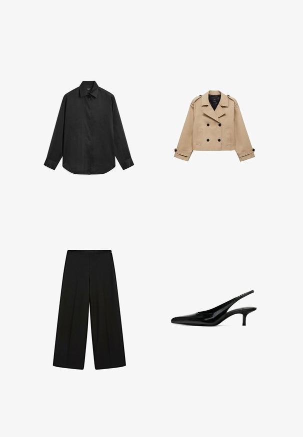 Beżowy krótki płaszcz trencz z podwójnym zapięciem na guziki, epauletami na ramionach i czarnymi guzikami. Miękka tkanina i dopasowany krój.; Czarna, długosleeve'owa koszula wykonana z gładkiego, lekkiego materiału. Posiada kołnierzyk w szpic, zapięcie na guziki oraz zaokrąglony dół.; Czarne, szerokie spodnie z miękkiego materiału, z wysokim stanem i plisami, o gładkiej fakturze i bez widocznych ozdób.; Czarne buty slingback z czubkiem w kształcie spiczastym, wykonane z błyszczącej skóry, z cienkim, niskim obcasem. Posiadają wycięcie po bokach dla lepszej wentylacji.