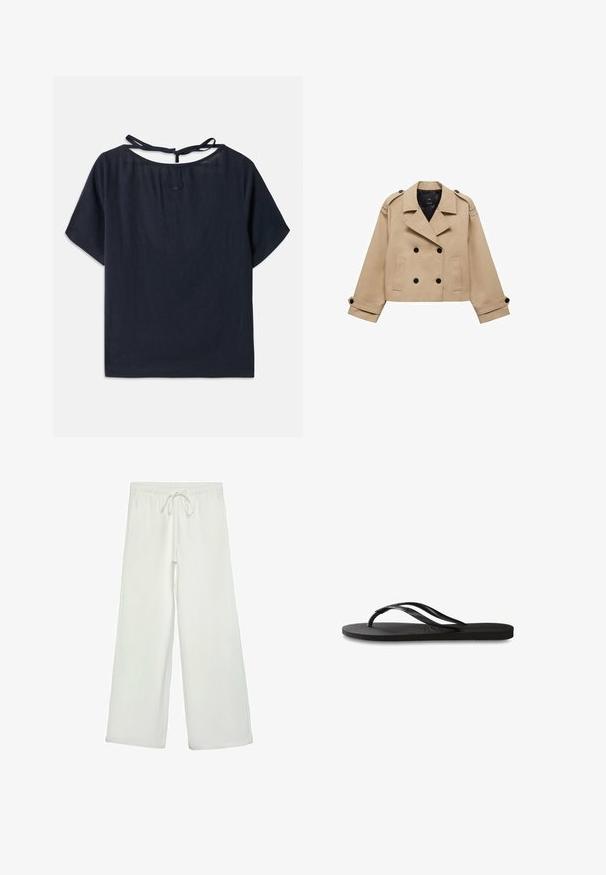 Beige, taillierter Trenchcoat in cropped Länge mit doppelreihiger Knopfleiste, Schulterklappen und schwarzen Knöpfen. Aus weichem Material gefertigt.; Dunkelbluse aus Leinen mit weitem Rundhalsausschnitt, kurzen Ärmeln und einer Schleife im Rücken. Verfügbar mit dezenten Stickereien nahe dem Ausschnitt.; Weiße, weit geschnittene Hose aus weichem Stoff. Mit einem elastischen Bund und einem Kordelzug sowie einer glatten Oberfläche. Keine sichtbaren Muster oder Hardware.; Schwarze Flip-Flops mit einer strukturierten Gummisohle, zwei schlanken Riemen und einem dezenten, geprägten Logo-Detail auf dem Riemen.
