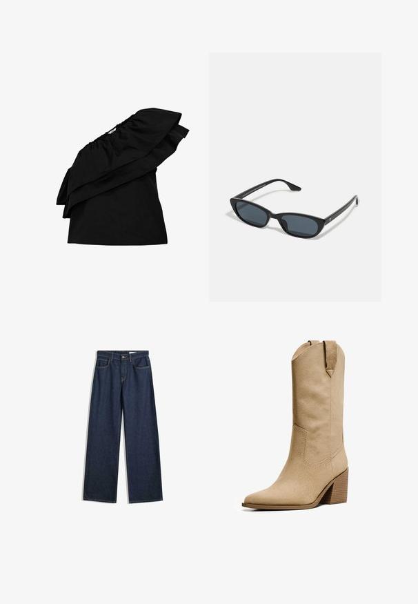 Cappotto tranciato beige con chiusura a doppio petto, spalline sulle spalle e bottoni neri. Tessuto morbido e design sartoriale.; Object ONE-SHOULDER - Camicetta - black; Jeans a gamba larga in denim scuro con cinque tasche, cuciture visibili e chiusura con bottone. Presentano una vestibilità dritta e leggere abrasioni.; Bershka HIGH-HEEL - Stivali texani / biker - beige; Occhiali da sole cat-eye neri con lenti scure, montatura in plastica, stanghette sottili e una leggera marca sulla parte interna del braccio. Finitura opaca.; Borsa a spalla in suede marrone con manico curvo, texture morbida e chiusura con zip superiore. Nessuna cerniera o motivo visibile.