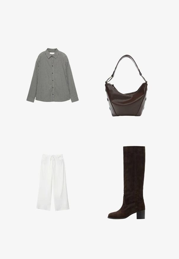 Beige cropped trenchcoat met dubbele knoopsluiting, schouderepauletten en zwarte knopen. Zachte stof en op maat gemaakte uitstraling.; Gecheckt overhemd in zwart en wit, met een knoopsluiting aan de voorkant, een puntige kraag en lange mouwen met een ontspannen pasvorm. Katoenstof.; Witte katoenen t-shirt met korte mouwen en een ronde hals. Eenvoudig ontwerp, losse pasvorm, gladde textuur. Geen patronen of accenten zichtbaar.; Witte wijde broek van zacht materiaal, met een koordsluiting in de taille en twee steekzakken. Soepele textuur en geen zichtbare patronen.; Bruine suède kniehoog laars met een vierkante neus en blokhak. Gladde textuur en minimale stikdetails aan de buitenkant.; Donkerbruine leren handtas met een gebogen vorm, ritsluiting en een korte handgreep. Voorzien van metalen hardware en decoratieve zwarte knopen aan de zijkant.
