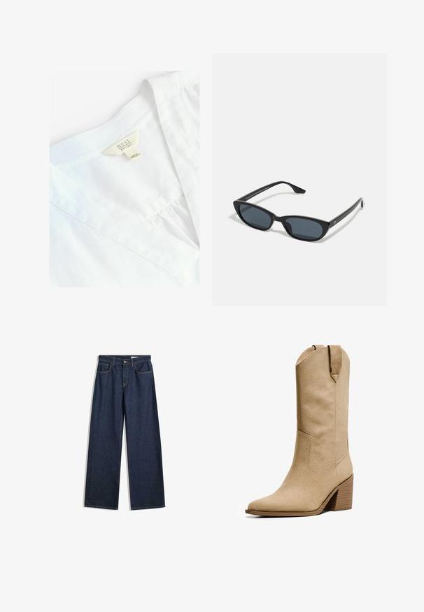 Beige, taillierter Trenchcoat in cropped Länge mit doppelreihiger Knopfleiste, Schulterklappen und schwarzen Knöpfen. Aus weichem Material gefertigt.; Weißes Leinenhemd mit V-Ausschnitt, versehen mit einem Etikett, das "next 100% LEINEN" liest. Glatte Textur, leichtes Material, einfache Nähedetails.; Weite dunkelblaue Jeans mit fünf Taschen, sichtbarer Naht und Knopfverschluss. Sie verfügen über eine gerade Passform und leichte Gebrauchsspuren.; Bershka HIGH-HEEL - Cowboy-/Bikerboot - beige; Schwarze Cat-Eye-Sonnenbrille mit dunklen Gläsern, Kunststoffrahmen, schlanken Bügeln und dezentem Branding an der inneren Seite des Bügels. Matte Oberflächenstruktur.; Braune Wildleder-Schultertasche mit einem geschwungenen Griff, weicher Textur und einem Reißverschluss oben. Keine sichtbaren Beschläge oder Muster.