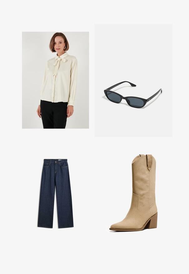 Beige cropped trench coat with double-breasted button closure, shoulder epaulettes, and black buttons. Soft fabric and tailored design.; Cream blouse with a bow tie collar, long sleeves, and button cuffs; smooth texture with a relaxed fit; paired with black trousers.; Wide-leg dark denim jeans with five pockets, visible stitching, and a button closure. Features a straight fit and light distressing.; Bershka HIGH-HEEL - Cowboy/Biker boots - beige; Black cat-eye sunglasses with dark lenses, plastic frame, slim temples, and subtle branding on the inner arm. Matte finish texture.; Brown suede shoulder bag with a curved handle, soft texture, and a top zipper closure. No visible hardware or patterns.