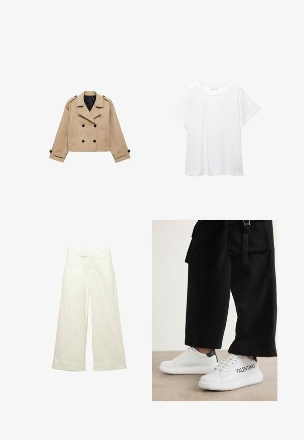 Bežani skraćeni kaput s dvostrukim dugmadi, ramennim epauletama i crnim dugmadi. Mekana tkanina i krojeni dizajn.; Bijela majica od mekane, lagane tkanine. Ima okrugli izrez i kratke, široke rukave s ležernim krojem. Bez vidljivih uzoraka.; Široke hlače od meke, kremaste tkanine. Imaju ravni pojas s prednje strane i roll-up rubove. Glatka tekstura s čistim, minimalističkim dizajnom.; Bijele kožne tenisice s debelim potplatom, s crnim akcentima i natpisom "VALENTINO" s bočne strane. Upareno s crnim širokim hlačama.