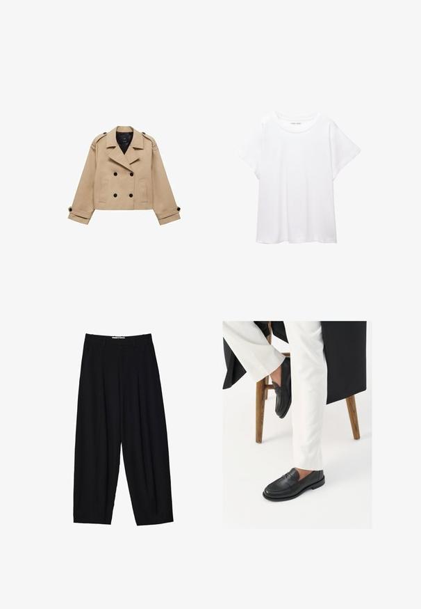 Bežani skraćeni kaput s dvostrukim dugmadi, ramennim epauletama i crnim dugmadi. Mekana tkanina i krojeni dizajn.; Bijela majica od mekane, lagane tkanine. Ima okrugli izrez i kratke, široke rukave s ležernim krojem. Bez vidljivih uzoraka.; Crne široke hlače od laganog materijala, s prednjim plitkim nabora, klasičnim pojasom i bočnim džepovima. Glatka tekstura.; Crne kožne mokasine s glatkom teksturom i širokim remenom, nosene s bijelim krojenim hlačama. Peta ima ravni dizajn.