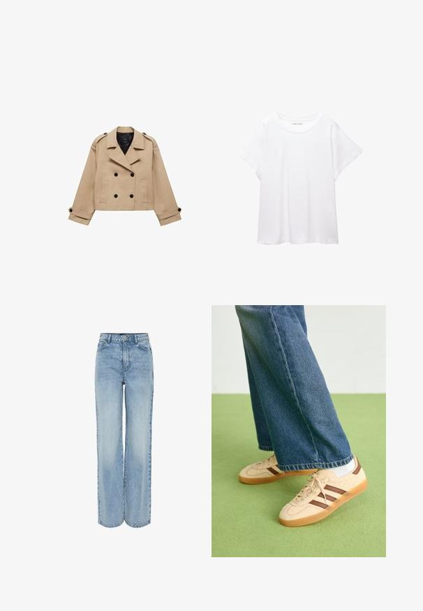 Krémový zkrácený trenčkot s dvouřadým zapínáním na knoflíky, ramenními epauletami a černými knoflíky. Měkká látka a přizpůsobený design.; Bílý tričko vyrobené z měkké, lehké tkaniny. Má kulatý výstřih a krátké, široké rukávy s uvolněným střihem. Bez viditelných vzorů.; Světle modré široké džínové kalhoty vyrobené z denimu. Mají vysoký pas, styling s pěti kapsami a jemné zesvětlení pro texturu. Klasické zapínání na knoflík a zip.; Beige tenisky s texturovanými krémovými panely a hnědými pruhy, kombinované s modrými džínovými kalhotami. Džínsy mají široké nohavice a roztrhaný lem.