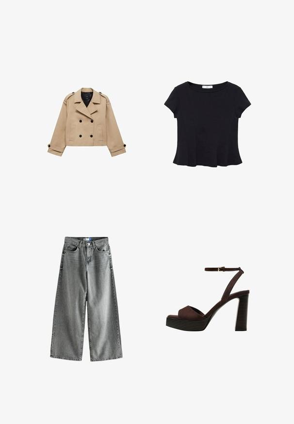 Beige cropped trenchcoat met dubbele knoopsluiting, schouderepauletten en zwarte knopen. Zachte stof en op maat gemaakte uitstraling.; Zwarte korte mouwen top van zacht materiaal, met een ronde halslijn en een uitlopende onderkant met subtiele naaddetail. ; Wijde broekspijpen in vervaagd grijs denim, met een hoge taille, vijf zakken en subtiele slijtage-details.; Bruine suède high-heeled sandaal met een open teen, verstelbare enkelband en een gestreepte plateauzool.