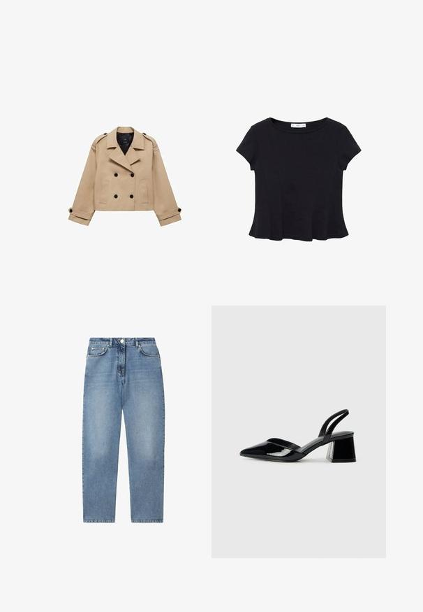 Bežna skrajšana trench jakna z dvostranskim gumbom, epauleti na ramenih in črnimi gumbi. Mehka tkanina in kroj, prilagojen postavi.; Črna majica s kratkimi rokavi iz mehkega materiala, z zaobljenim izrezom in razširjenim robom s subtilnim šivnim detajlom.; Svetlo modri traper hlače s ravnim krojem, petimi žepi ter zapiranjem na gumb in zadrgo spredaj. Gladka tekstura, sproščen stil.; Črne lakirane slingback pete s koničastim nosom in geometrijsko blokasto peto. Imajo eleganten, minimalističen dizajn in gladko teksturo.