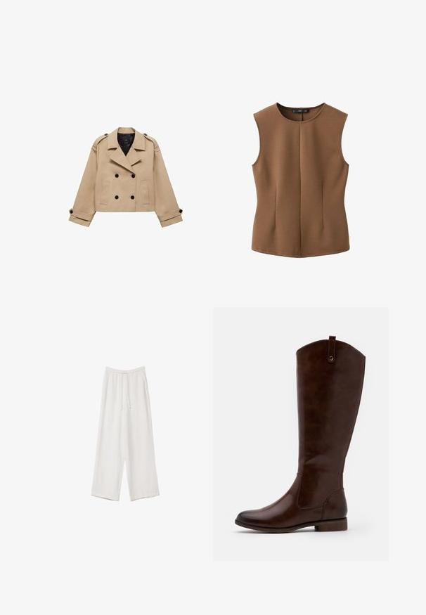 Bežani skraćeni kaput s dvostrukim dugmadi, ramennim epauletama i crnim dugmadi. Mekana tkanina i krojeni dizajn.; Smeđa bezrukavna majica od teksturiranog materijala s okruglim izrezom i dva vertikalna nabora sprijeda. Jednostavan, uskog kroja.; Bijele hlače širokih nogavica napravljene od lagane tkanine. Imaju elastičan pojas s ušicom i bočne džepove. Glatka tekstura.; Smeđe čizme do koljena od glatke kože, sa zaobljenim vrhom, niskom slojevitom potpeticom i suptilnim uzorkom šavova duž strana.