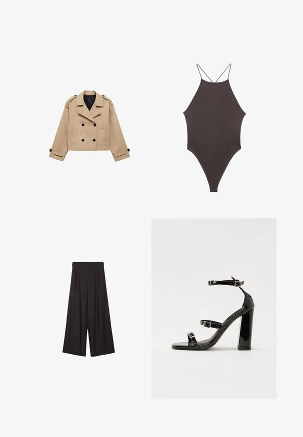 Bežani skraćeni kaput s dvostrukim dugmadi, ramennim epauletama i crnim dugmadi. Mekana tkanina i krojeni dizajn.; Smeđi jednodijelni kupaći kostim s visokim ovratnikom i tankim, prilagodljivim trakama; ima visoko izrezane nogavice i glatku teksturu. Bez uzoraka ili dekoracija.; Crne široke hlače s naboranim prednjim dijelom, izrađene od glatkog materijala. Imaju visoki struk i opušten, lepršav siluetu.; Crne lakirane sandale na pete sa kvadratnim nosom, trakama oko gležnja i srebrnim kopčama. Imaju čvrst blok petu za stabilnost.