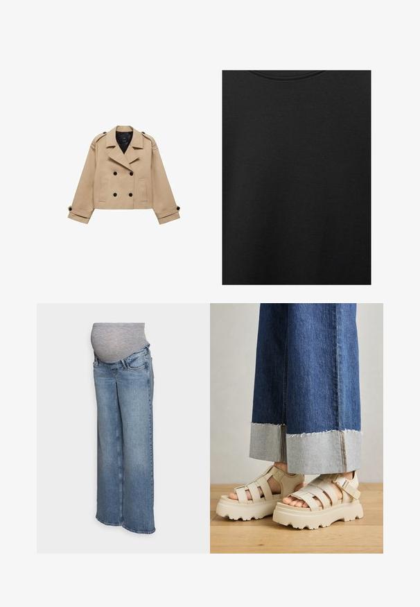 Beżowy krótki płaszcz trencz z podwójnym zapięciem na guziki, epauletami na ramionach i czarnymi guzikami. Miękka tkanina i dopasowany krój.; Czarna bawełniana tkanina o gładkiej teksturze i okrągłym dekolcie, z delikatnym, równomiernym wzorem włókna. Brak widocznych logo lub akcentów.; ONLY MATERNITY OLMJUICY - Wide leg; Beżowe sandały na platformie z grubymi podeszwami mają paskowy fason i regulowane paski na kostce. Noszone z szerokimi dżinsowymi spodniami, jeden z mankietów jest postrzępiony.