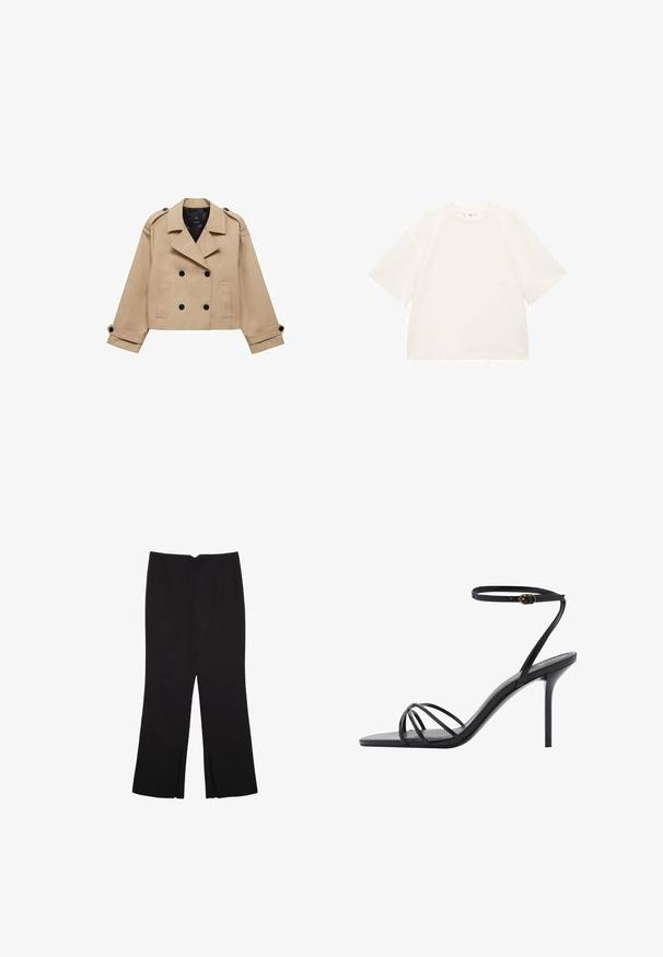 Bežna skrajšana trench jakna z dvostranskim gumbom, epauleti na ramenih in črnimi gumbi. Mehka tkanina in kroj, prilagojen postavi.; Prevelika bela bombažna majica s kratkimi rokavi, okroglo izrezom in gladko teksturo. Brez vzorcev ali vidnih kovinskih detajlov.; Črne hlače ravnega kroja z naglavnimi žepi in stranskimi razporki na robu. Narejene iz mehke, gladke tkanine. Primerne za različne priložnosti.; Črne sandale na visoki peti z tanke ankletske naramnice, več križanih naramnic na stopalu in elegantnim kvadratnim oblikovanjem toe.