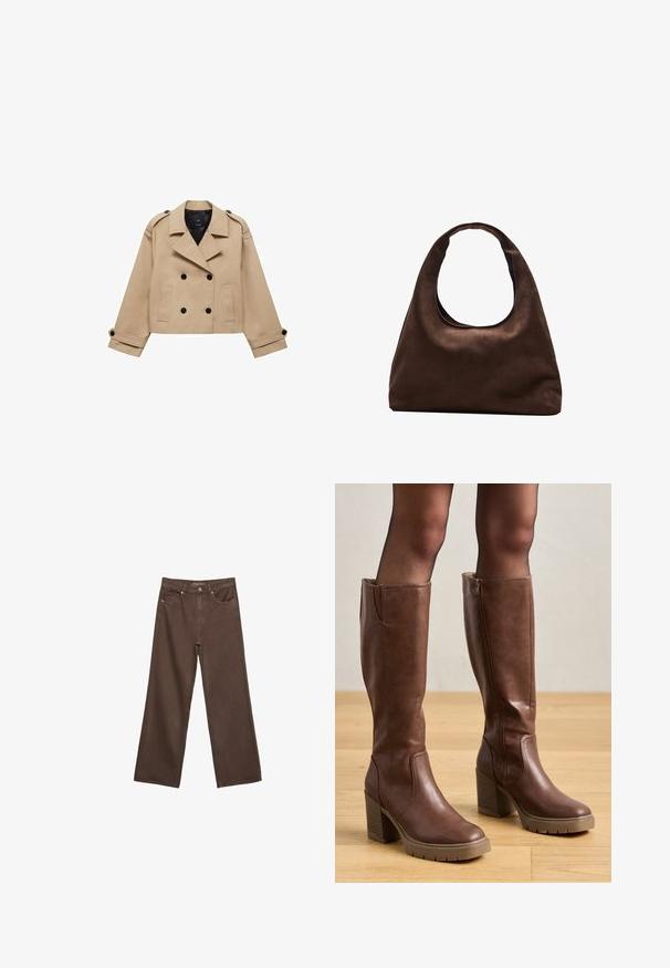 Beige kort trenchcoat med dobbeltknaplukning, skulderklapper og sorte knapper. Blødt stof og skræddersyet design.; Brun kortærmet t-shirt lavet af blødt stof, med rund halsudskæring og afslappet pasform. Ingen synlige mønstre eller detaljer.; Bredde ben brun denim jeans med høj talje, forlommer og klassisk knaplukning. Glat tekstur med diskret syninger.; Anna Field Plateaustøvler - cognac; Blød brun hobo-stil håndtaske med en enkelt bred strop og en buet åbning på toppen, vist på en hvid baggrund.