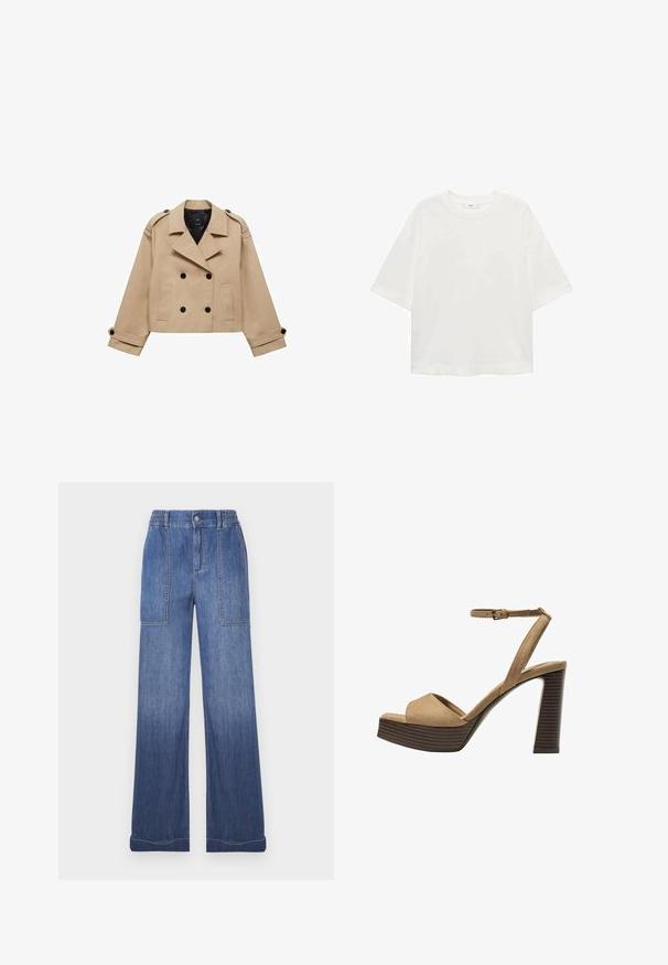Beige cropped trenchcoat met dubbele knoopsluiting, schouderepauletten en zwarte knopen. Zachte stof en op maat gemaakte uitstraling.; Witte korte mouwen t-shirt met een ronde hals, relaxed fit, gemaakt van zachte stof. Geen patronen of accenten, met een standaard zoom.; Blauwe denim wijdvallende broek met een elastische tailleband, twee voorzakken en contrasterende stiksels. De stof heeft een gladde, licht gestructureerde afwerking.; Beige suède hoge hakken sandalen met een brede voorband en enkelband, met een dikke houten blokhak met een gestructureerde afwerking.