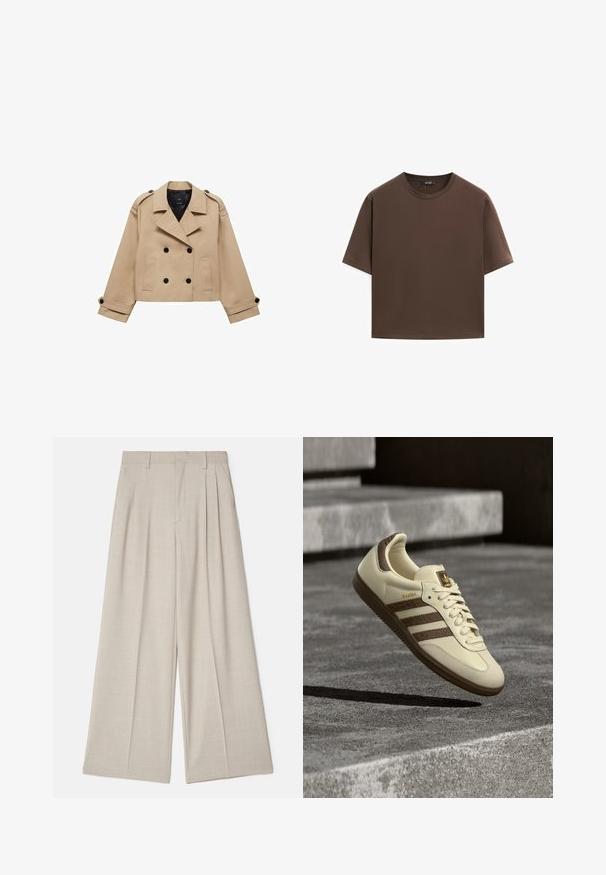 Cappotto tranciato beige con chiusura a doppio petto, spalline sulle spalle e bottoni neri. Tessuto morbido e design sartoriale.; T-shirt in cotone marrone, maniche corte, collo a giro, vestibilità abbastanza ampia, texture liscia, design minimalista, senza motivi o dettagli visibili.; Pantaloni beige a gamba larga con una texture liscia, caratterizzati da pieghe frontali, una vita piatta e un design sartoriale per una vestibilità ampia.; Scarpa da ginnastica color crema con accenti marroni, strisce laterali texturizzate e finitura in pelle liscia. Presenta una chiusura con lacci e suola in gomma.