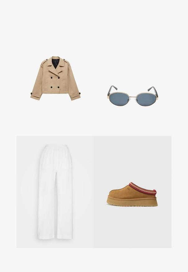 Bežna skrajšana trench jakna z dvostranskim gumbom, epauleti na ramenih in črnimi gumbi. Mehka tkanina in kroj, prilagojen postavi.; Rjav brezrokavnik z kvadratnim izrezom, izdelan iz mehkega materiala. Ima zapiranje s pritisnim gumbom na dnu in prilegajočo silhueto.; Bela široka hlače iz lahkega, teksturiranega materiala z elastiko v pasu. Ima ohlapen kroj z ravnimi nogami in brez žepov.; Rjavi suede natikači z rdečo in smetano obrobo z vzorcem, teksturiranimi podplati in logotipom UGG na strani. Imajo rahlo povišano platformo.; Ovalne sončna očala z temnimi lečami, zlatimi kovinskimi okvirji in sivimi ročaji. Okvirji se ponašajo z minimalističnim dizajnom in subtilnim poudarkom na mostičku.