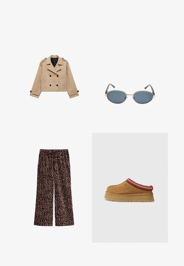 Beige, taillierter Trenchcoat in cropped Länge mit doppelreihiger Knopfleiste, Schulterklappen und schwarzen Knöpfen. Aus weichem Material gefertigt.; Brauner schulterfreier Body mit quadratischem Ausschnitt, aus weichem Stoff gefertigt. Verfügt über einen Druckknopfverschluss am Boden und eine taillierte Silhouette.; Leopardprint-Hose aus weichem, leichtem Stoff. Sie verfügt über ein weit geschnittenes Design mit einem elastischen Bund und einem verstellbaren Kordelzug für zusätzlichen Komfort.; Braune Wildleder-Slipper mit rot-creamfarbenem gemusterten Besatz, strukturiertem Absatz und UGG-Logo an der Seite. Verfügt über eine leichte Plattformhöhe.; Eckige Sonnenbrille mit dunklen Gläsern, goldenen Metallrahmen und grauen Bügeln. Die Rahmen zeichnen sich durch ein minimalistisches Design mit einem dezenten Brückenakzent aus.