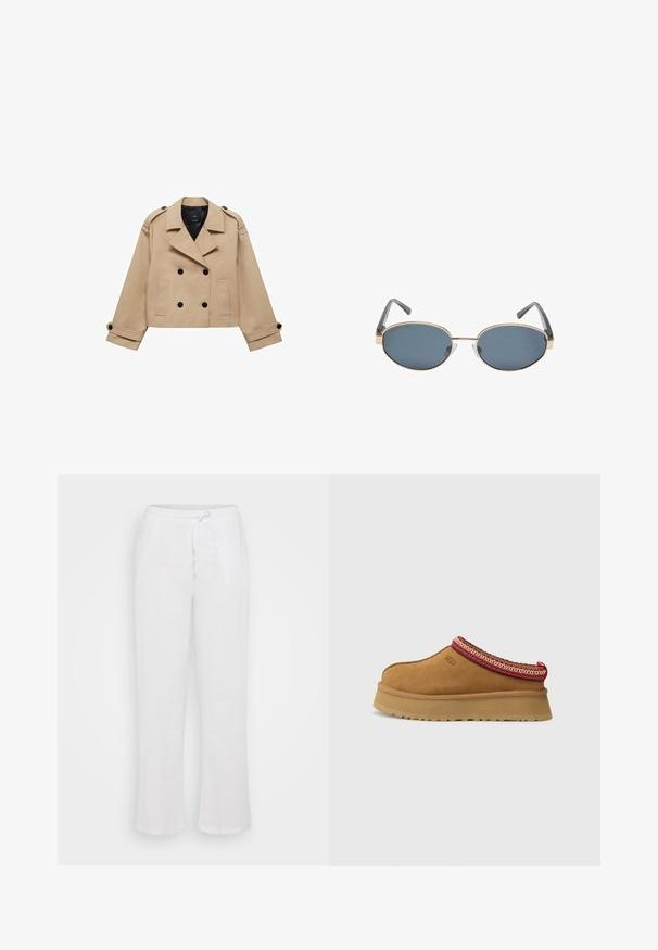 Beige kort trenchcoat med dubbelknappning, axelklaffar och svarta knappar. Mjuk tygkvalitet och skräddarsydd design.; Brun ärmlös bodysuit med fyrkantig halsringning, tillverkad av mjukt tyg. Har en tryckknappslåsning i botten och en figurnära silhuett.; Vita linnebyxor med en avslappnad passform, utrustade med ett elastiskt midjeband och dragsko. Raka ben utan mönster eller ytterligare detaljer.; Bruna mockasin i mocka med röd och gräddfärgad mönstrad trim, texturerad sula och UGG-logotyp på sidan. Har en lätt plattformshöjd.; Ovalformade solglasögon med mörka linser, guldmetallramar och gråa skalmar. Ramarna har en minimal design med en subtil broaccente.