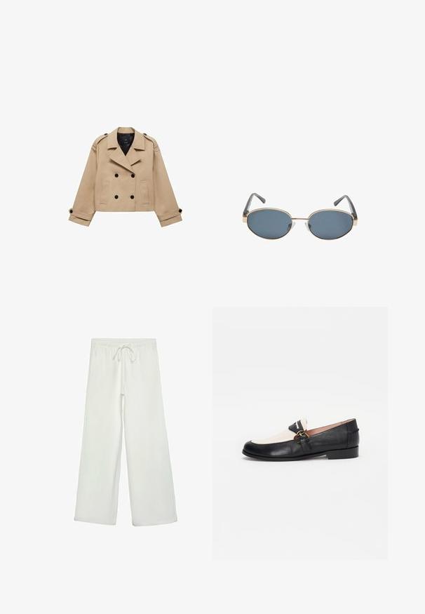 Krémový zkrácený trenčkot s dvouřadým zapínáním na knoflíky, ramenními epauletami a černými knoflíky. Měkká látka a přizpůsobený design.; Bílý krátký rukáv tričko vyrobené z bavlny. Má kulatý výstřih a volný střih. Hladký materiál bez viditelných vzorů nebo akcentů.; Bílé kalhoty s širokými nohavicemi vyrobené z měkké tkaniny. Mají elastický pas se stahovací šňůrkou a hladkou strukturu. Žádné viditelné vzory ani kovové prvky.; Černé a béžové kožené mokasíny s kulatou špičkou, se zlatým sponou na bočním pásku a nízkým plochým podpatkem.; Oválné sluneční brýle s tmavými čočkami, zlatými kovovými obroučkami a šedými ramínky. Obroučky mají minimalistický design s jemným akcentem na můstku.