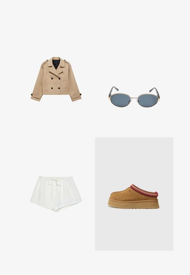 Beige, taillierter Trenchcoat in cropped Länge mit doppelreihiger Knopfleiste, Schulterklappen und schwarzen Knöpfen. Aus weichem Material gefertigt.; Weißes T-Shirt mit kurzen Ärmeln aus Baumwolle. Hat einen Rundhalsausschnitt und eine lockere Passform. Glatte Textur ohne sichtbare Muster oder Akzente.; Weiße Baumwollkurze Hosen verfügen über einen Kordelzugbund, einen lockeren Sitz und eine glatte Textur. Der Saum ist gerade, ohne zusätzliche Muster oder Akzente.; Braune Wildleder-Slipper mit rot-creamfarbenem gemusterten Besatz, strukturiertem Absatz und UGG-Logo an der Seite. Verfügt über eine leichte Plattformhöhe.; Eckige Sonnenbrille mit dunklen Gläsern, goldenen Metallrahmen und grauen Bügeln. Die Rahmen zeichnen sich durch ein minimalistisches Design mit einem dezenten Brückenakzent aus.