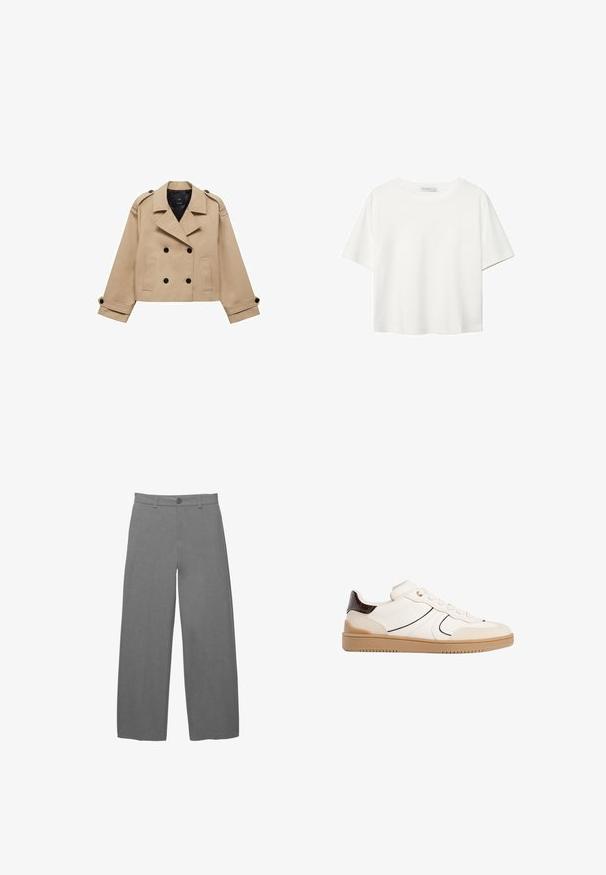 Krémový zkrácený trenčkot s dvouřadým zapínáním na knoflíky, ramenními epauletami a černými knoflíky. Měkká látka a přizpůsobený design.; Bílý krátký rukáv tričko vyrobené z bavlny. Má kulatý výstřih a volný střih. Hladký materiál bez viditelných vzorů nebo akcentů.; Světle šedé kalhoty s širokými nohavicemi z hladké, texturované látky, s předním zapínáním na knoflík a poutky na opasek v pase.; Stradivarius Tenisky - white