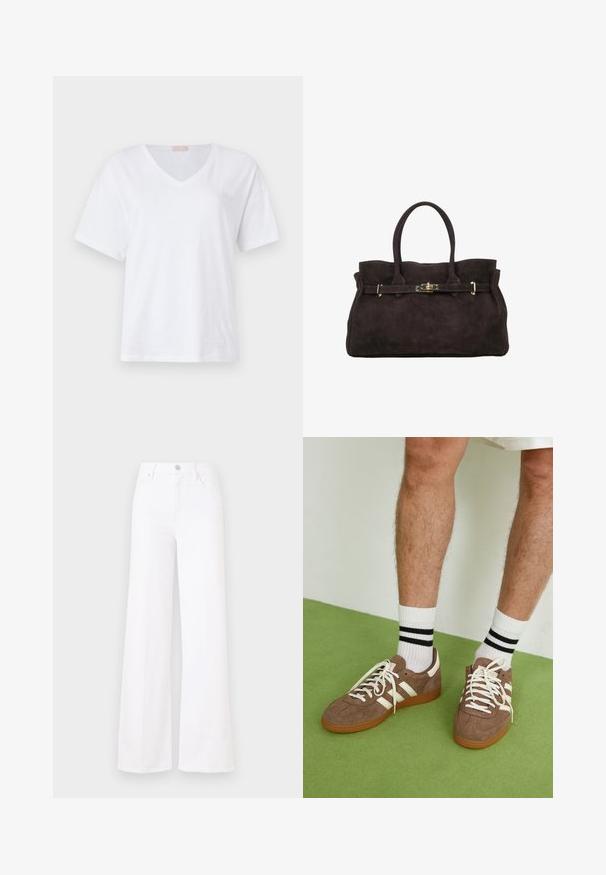 Beige cropped trench coat with double-breasted button closure, shoulder epaulettes, and black buttons. Soft fabric and tailored design.; White short-sleeve V-neck T-shirt made from soft cotton, featuring a subtle logo detail on the chest. Flat, smooth texture.; White wide-leg jeans made of denim, featuring a high waist, front button closure, and four pockets. Smooth texture with no visible patterns.; Brown suede sneakers with white accents and laces. Rubber gum sole. Worn with white socks featuring black stripes. Green textured flooring.; ESTRO DUŻA - Handbag - dark brown