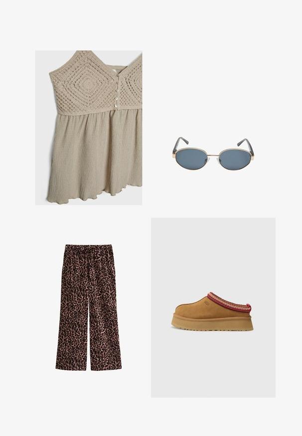 Beige cropped trenchcoat met dubbele knoopsluiting, schouderepauletten en zwarte knopen. Zachte stof en op maat gemaakte uitstraling.; Lichtbeige jurk met een textuur van haakwerk op het lijfje en een geplooide rok. Inzetten hebben knoopsluitingen en een golvende zoom. Zachte, vloeiende stof.; Luipaardprint broek van zachte, lichte stof. Bevat een wijd model met een elastische tailleband en een verstelbare trekkoord voor comfort.; Bruine suède instapschoen met een rood en crèmekleurig patroon aan de rand, een gestructureerde zool en het UGG-logo aan de zijkant. Heeft een lichte platformhoogte.; Ovale zonnebrillen met donkere lenzen, gouden metalen monturen en grijze armen. De monturen kenmerken zich door een minimalistisch ontwerp met een subtiele brugaccent.