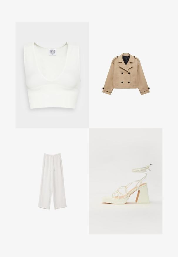 Béžový skrátený trenčkot s dvojradovým zapínaním na gombíky, s ramennými epauletmi a čiernymi gombíkmi. Mäkkučký materiál a prispôsobený strih.; Biely rebrovaný crop top s hlbokým výstrihom do V a širokými ramennými popruhmi. Viditeľná etiketa s názvom značky "BDG" a veľkosťou "S." Hladká textúra.; Biele široké nohavice vyrobené z ľahkej tkaniny. Obsahujú elastický pás so sťahovacou šnúrkou a bočné vrecká. Hladká textúra.; Biele sandále na vysokom opätku s hrubým podpätkom, s pruhovaným dizajnom a viazaním na členku. Hladký povrch s platformou vpredu pre zvýšenú výšku.