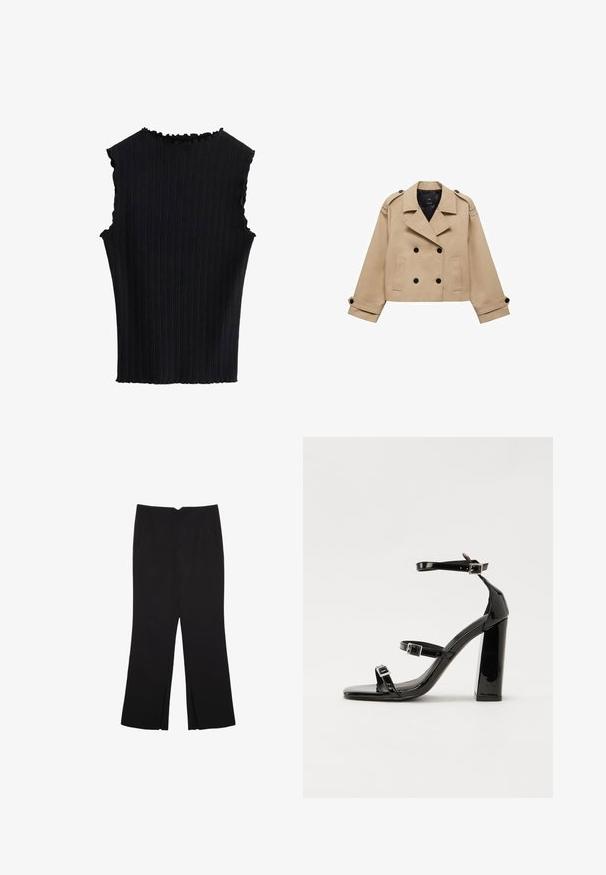 Beige, taillierter Trenchcoat in cropped Länge mit doppelreihiger Knopfleiste, Schulterklappen und schwarzen Knöpfen. Aus weichem Material gefertigt.; Schwarzes, ärmelloses Oberteil mit vertikaler Rippstruktur, gerafftem Kragen und fransigen Kanten an Ärmeln und Saum, das eine figurbetonte Silhouette schafft.; Schwarze Hose mit geradem Schnitt, ausgestattet mit Fronttaschen und Seitenschlitzen am Saum. Hergestellt aus weichem, glattem Stoff. Geeignet für verschiedene Anlässe.; Schwarze patentierte Sandalen mit Absatz, quadratischer Spitze, Knöchelriemen und silbernen Schnallen. Mit einem stabilen Blockabsatz für mehr Stabilität.
