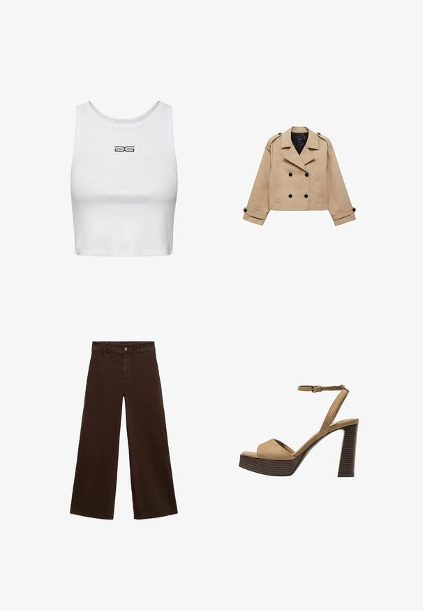 Beige cropped trenchcoat met dubbele knoopsluiting, schouderepauletten en zwarte knopen. Zachte stof en op maat gemaakte uitstraling.; Witte, korte tanktop van ribgebreide katoen. Bevat een ronde halslijn en een geborduurd zwart logo op de borst. Eenvoudig, aansluitend ontwerp.; Bruine wijde broek in katoenmix, met een rafelige zoom, sluiting met een knoop aan de voorkant en een klassieke vijf-pocketstijl. Minimalistisch en veelzijdig.; Beige suède hoge hakken sandalen met een brede voorband en enkelband, met een dikke houten blokhak met een gestructureerde afwerking.