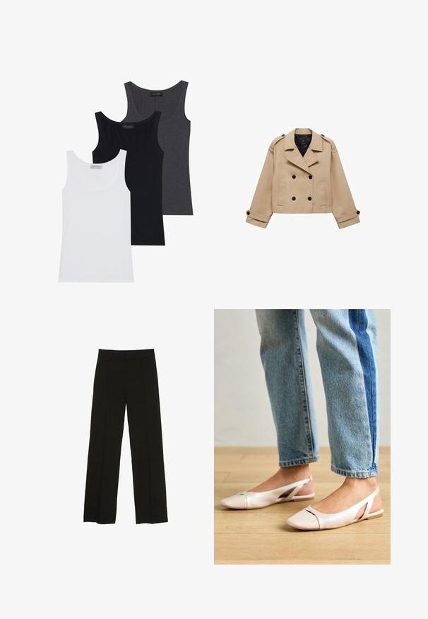 Beige kort trenchcoat med dubbelknappning, axelklaffar och svarta knappar. Mjuk tygkvalitet och skräddarsydd design.; Tre linnen i vitt, svart och mörkgrått, med rund halsringning och tillverkade av ett mjukt, elastiskt material. Taggar synliga på varje.; Svarta vida byxor tillverkade av ett mjukt tyg, med en åtsittande midja och subtila framveck för en extra textur.; Ljust rosa slingback-lägenheter med spetsig tå, tillverkade av ett slätt läderliknande material. Har utskurna detaljer på sidorna och en platt häl.