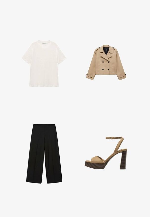 Beige kort trenchcoat med dobbeltknaplukning, skulderklapper og sorte knapper. Blødt stof og skræddersyet design.; Mango LENU - T-shirts basic - off-white; Sorte vide bukser lavet af blødt stof, med høj talje og plisseringer, der har en glat tekstur og ingen synlige dekorationer.; Beige ruskinds højhælede sandaler med en bred foranrem og ankelrem, der har en kraftig træblokhæls struktur.
