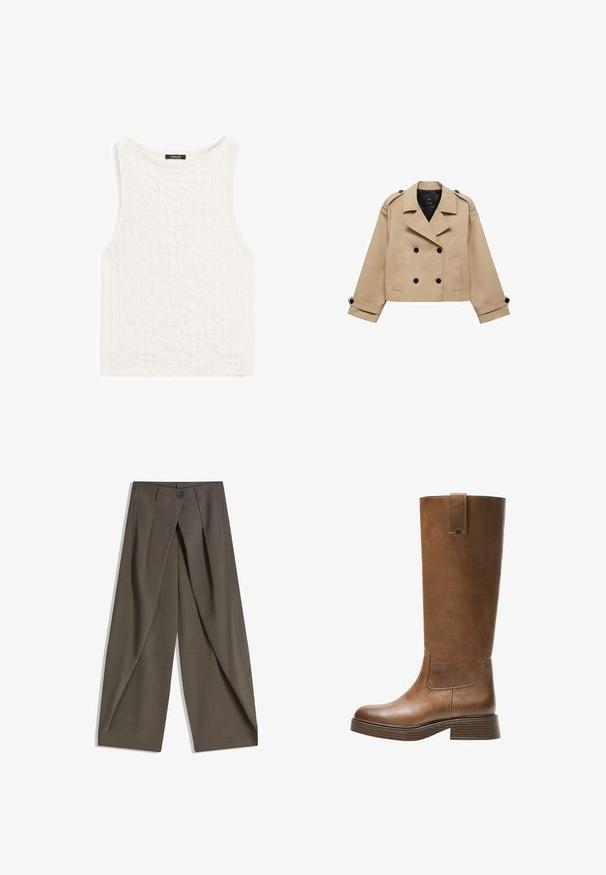 Cappotto tranciato beige con chiusura a doppio petto, spalline sulle spalle e bottoni neri. Tessuto morbido e design sartoriale.; Top bianco senza maniche realizzato in tessuto testurizzato con un motivo delicato. Presenta un colletto rotondo e un orlo dritto.; Pantaloni a gamba larga realizzati in un tessuto testurizzato grigio scuro. Presentano una piega frontale, chiusura con bottone e tasche laterali per praticità.; Stivale marrone in pelle alto fino al ginocchio, con punta tonda, superficie testurizzata e tacco basso impilato. Presenta un pannello laterale e una linguetta di apertura in cima.