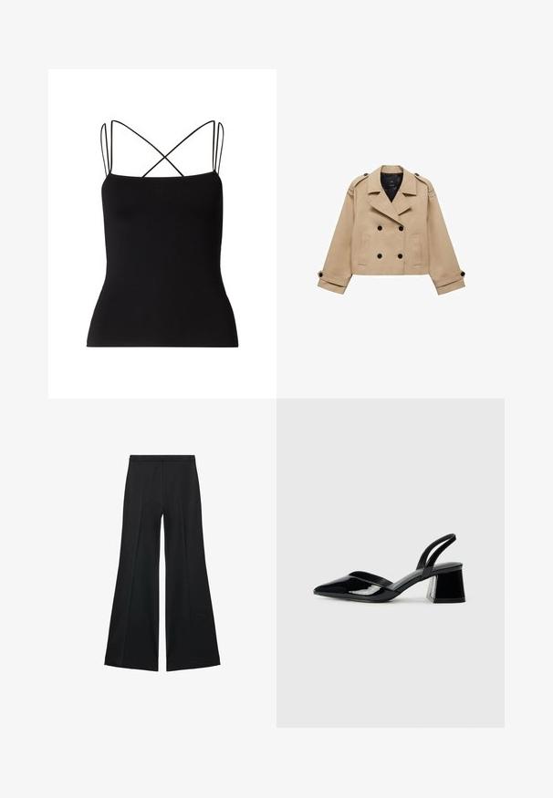 Cappotto tranciato beige con chiusura a doppio petto, spalline sulle spalle e bottoni neri. Tessuto morbido e design sartoriale.; Samsøe Samsøe SANEHA - Top - black; Pantaloni neri a gamba larga con una texture liscia, caratterizzati da pieghe frontali e un design sartoriale. Il tessuto è leggero e fluido.; Décolleté in vernice nera con punta affusolata e tacco in geometria cubica. Presentano un design elegante e minimalista, con una texture liscia.