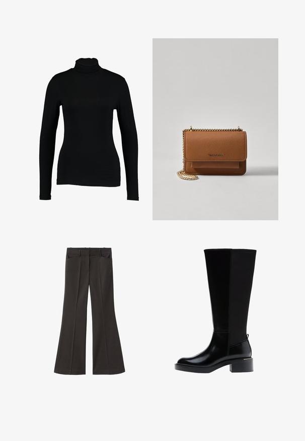 Beige, taillierter Trenchcoat in cropped Länge mit doppelreihiger Knopfleiste, Schulterklappen und schwarzen Knöpfen. Aus weichem Material gefertigt.; Schwarzes Langarm-Turtleneck-Top aus glattem Stoff, mit taillierter Passform und hohem Kragen, geeignet zum Layering oder als eigenständiges Kleidungsstück.; Schwarze, weit geschnittene Hosen mit hoher Taille; verfügt über zwei Fronttaschen und eine glatte Stoffoberfläche. Geeignet für verschiedene Anlässe.; Knöchelhohe schwarze Lederstiefel mit glanzender Oberfläche, quadratischer Spitze, Blockabsatz und einer Seitennaht. Verfügt über eine Zuglasche hinten.; Braune strukturierte Ledertasche mit goldener Kettenriemen und Klappenverschluss. Die Vorderseite zeigt ein Logo-Detail und eine Tasche unter der Klappe.