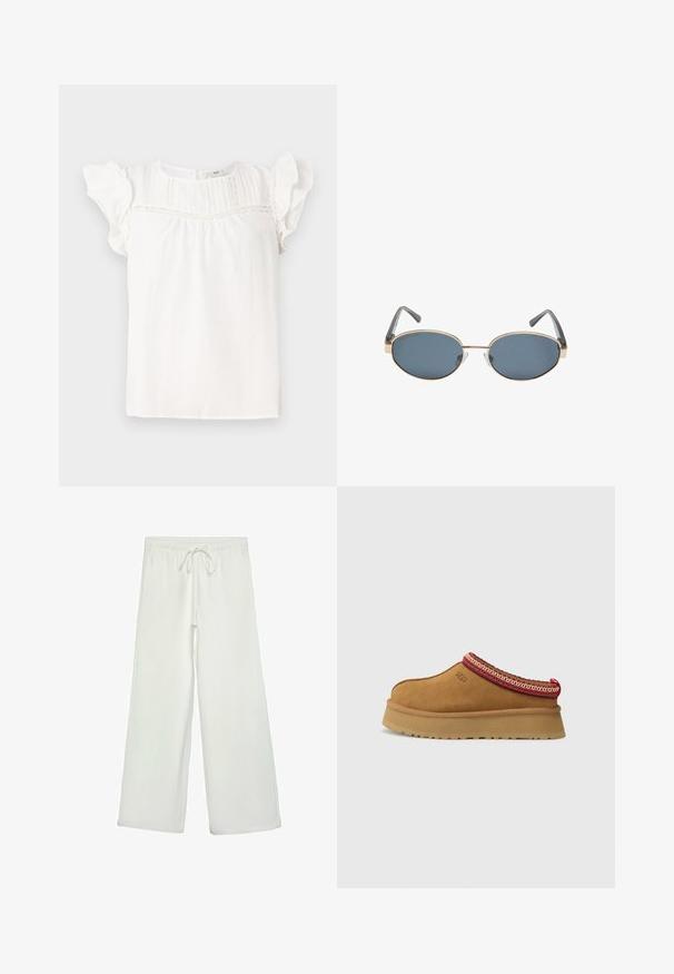 Cappotto tranciato beige con chiusura a doppio petto, spalline sulle spalle e bottoni neri. Tessuto morbido e design sartoriale.; Blusa bianca con maniche corte arricciate, caratterizzata da pieghe verticali e dettagli in pizzo lungo lo scollo. Tessuto morbido e vestibilità rilassata.; Pantaloni bianchi a gamba larga realizzati in un tessuto morbido. Presentano un elastico in vita con cordino e una consistenza liscia. Senza motivi visibili o accessori.; Scarpa slip-on in suede marrone con bordi a motivo rosso e crema, suola testurizzata e logo UGG di lato. Presenta un leggero rialzo della suola.; Occhiali da sole ovali con lenti scure, montatura in metallo dorato e aste grigie. La montatura presenta un design minimalista con un sottile accento sul ponte.