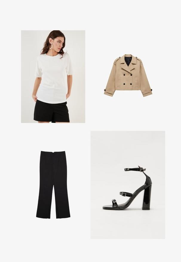 Cappotto tranciato beige con chiusura a doppio petto, spalline sulle spalle e bottoni neri. Tessuto morbido e design sartoriale.; Top bianco a maniche corte in tessuto texturizzato, con scollatura rotonda e vestibilità rilassata, abbinato a pantaloni corti neri.; Pantaloni neri a gamba dritta, con tasche frontali e spacchi laterali all'orlo. Realizzati in tessuto morbido e liscio. Adatti a diverse occasioni.; Sandali con tacco in vernice nera, con punta squadrata, cinturini alla caviglia e fibbie in argento. Presentano un tacco a blocco spesso per maggiore stabilità.
