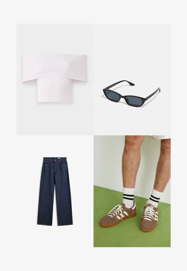 Beige, taillierter Trenchcoat in cropped Länge mit doppelreihiger Knopfleiste, Schulterklappen und schwarzen Knöpfen. Aus weichem Material gefertigt.; Schulterfreies, geripptes Oberteil in zartem Pink mit weitem Kragen und figurbetontem Schnitt. Glatte Textur mit vertikalen Rippdetails.; Weite dunkelblaue Jeans mit fünf Taschen, sichtbarer Naht und Knopfverschluss. Sie verfügen über eine gerade Passform und leichte Gebrauchsspuren.; Braune Wildleder-Sneaker mit weißen Akzenten und Schnürsenkeln. Gummisohle in Kautschuk-Optik. Getragen mit weißen Socken, die schwarze Streifen haben. Grüner strukturierter Fußboden.; Schwarze Cat-Eye-Sonnenbrille mit dunklen Gläsern, Kunststoffrahmen, schlanken Bügeln und dezentem Branding an der inneren Seite des Bügels. Matte Oberflächenstruktur.; Braune Stoffschultertasche mit einem breiten, runden Körper und einem großen Ausschnittgriff. Sanfte Textur, minimalistisches Design und keine sichtbaren Beschläge.
