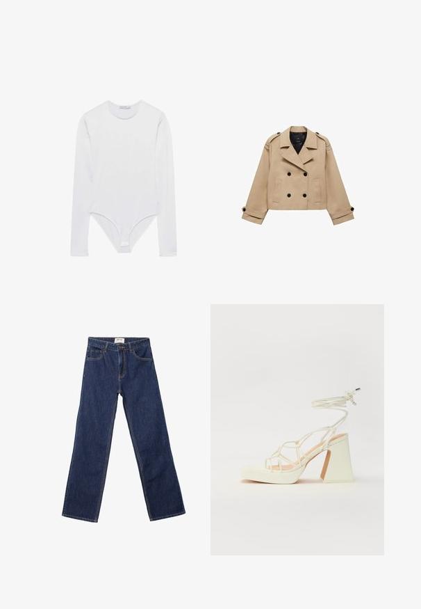 Beige, taillierter Trenchcoat in cropped Länge mit doppelreihiger Knopfleiste, Schulterklappen und schwarzen Knöpfen. Aus weichem Material gefertigt.; Stradivarius Langarmshirt - off white; Dunkelblaue gerade Jeans mit Fronttaschen, Gürtelschlaufen und einem Knopfverschluss.; Weiße High-Heel-Sandale mit einem klobigen Absatz, die über ein Riemchendesign und ein Knöchelband verfügt. Glatte Textur mit einer Plattform vorne für zusätzliche Höhe.