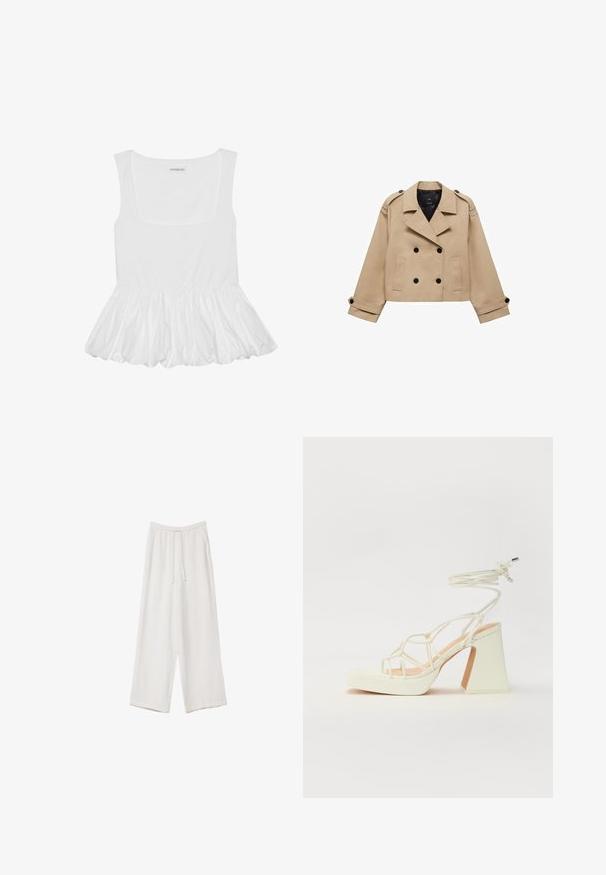 Beige cropped trench coat with double-breasted button closure, shoulder epaulettes, and black buttons. Soft fabric and tailored design.; White sleeveless top with a square neckline, featuring a gathered, ruffled flounce hem. Made of soft fabric with a smooth texture.; White wide-leg trousers made from a lightweight fabric. Features an elastic waistband with a drawstring and side pockets. Smooth texture.; White high-heeled sandal with a chunky heel, featuring a strappy design and ankle tie. Smooth texture with a platform front for added height.