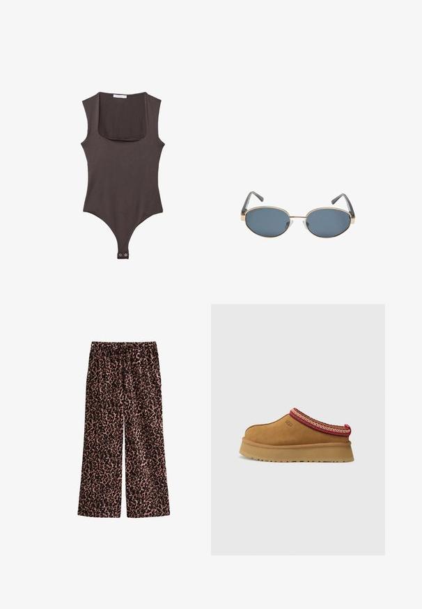 Beige cropped trench coat with double-breasted button closure, shoulder epaulettes, and black buttons. Soft fabric and tailored design.; Brown sleeveless bodysuit with a square neck, made of soft fabric. Features a snap closure at the bottom and a fitted silhouette.; Leopard print pants in soft, lightweight fabric. Features a wide-leg design with an elastic waistband and adjustable drawstring for comfort.; Brown suede slip-on shoe with red and cream patterned trim, textured sole, and UGG logo on side. Features a slight platform height.; Oval sunglasses with dark lenses, gold metal frames, and gray arms. Frames feature a minimal design with a subtle bridge accent.; Dark gray leather handbag with double handles, a flat top, a gold-toned clasp, and a structured shape. Features a textured surface.