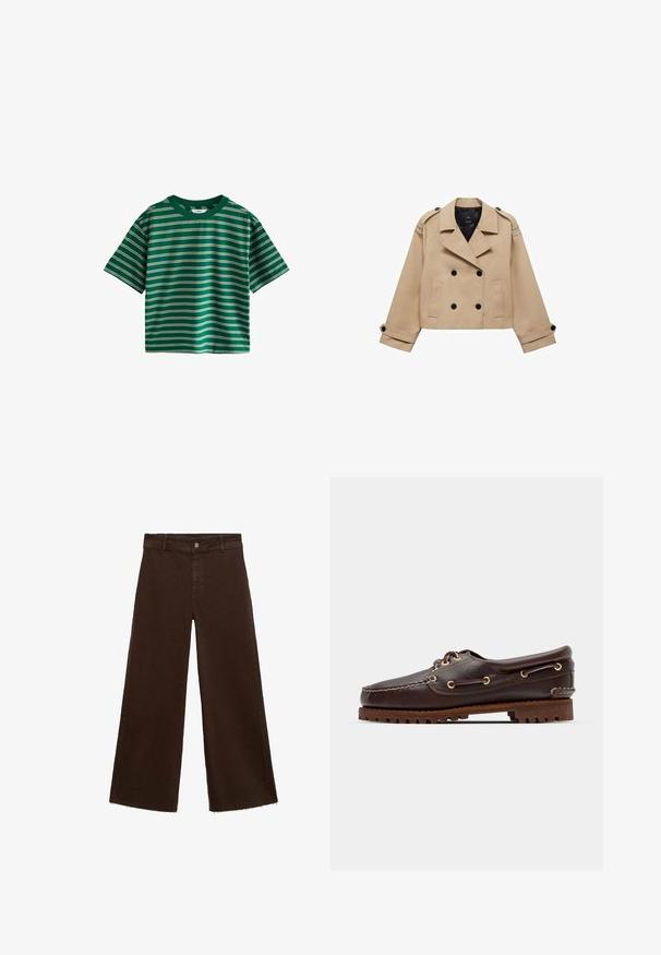 Beige kort trenchcoat med dubbelknappning, axelklaffar och svarta knappar. Mjuk tygkvalitet och skräddarsydd design.; Grön kortärmad T-shirt med horisontella ränder i vitt, gult och blått. Tillverkad av mjuk bomull med rund halsringning.; Bruna breda byxor i bomullsblandning med fransar vid fållen, framknäppning och klassisk femfickdesign. Minimalistiska och mångsidiga.; Bruna lädersko med båtstil, guldögon, runda skosnören och en texturerad brun gummisula. Har sydda detaljer och en upphöjd logotyp.