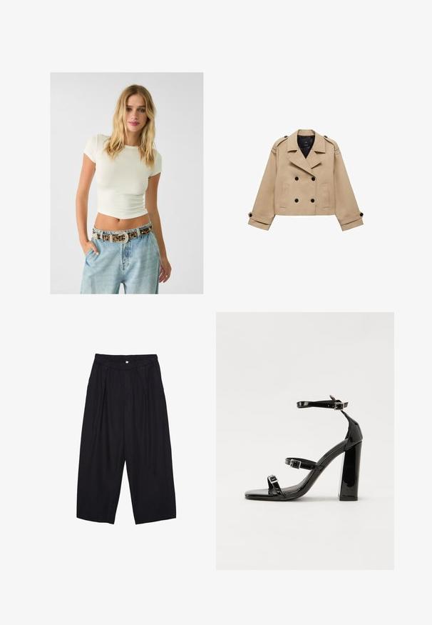 Bežani skraćeni kaput s dvostrukim dugmadi, ramennim epauletama i crnim dugmadi. Mekana tkanina i krojeni dizajn.; Krata s kratkim rukavima od krem boje u kombinaciji s svijetloplavim trapericama visokog struka i remenom s uzorkom, zakovicama i dekorativnom kopčom.; Crne poliester hlače culotte s elastičnim pojasom, dva prednja nabora i širokim krojem. Nema vidljivih uzoraka ili metalnih detalja.; Crne lakirane sandale na pete sa kvadratnim nosom, trakama oko gležnja i srebrnim kopčama. Imaju čvrst blok petu za stabilnost.