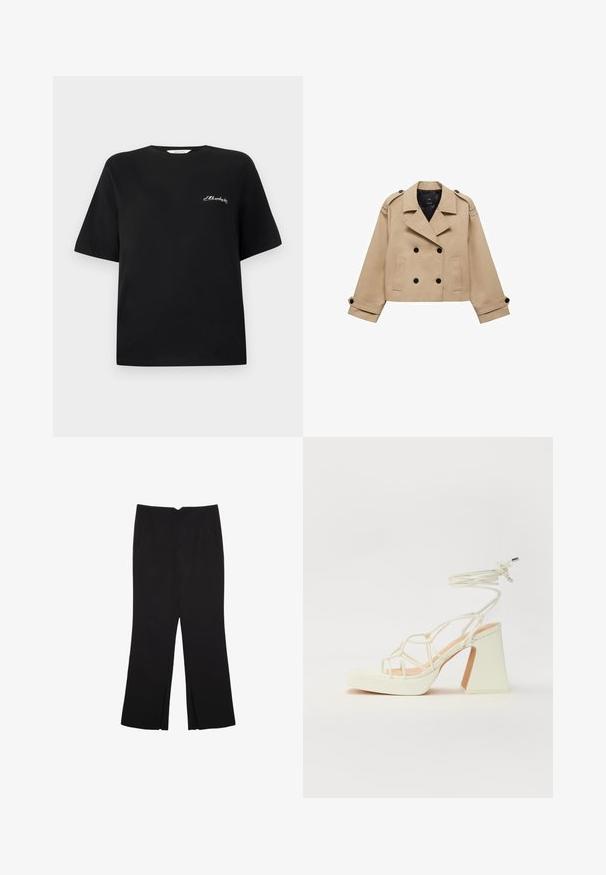 Bežna skrajšana trench jakna z dvostranskim gumbom, epauleti na ramenih in črnimi gumbi. Mehka tkanina in kroj, prilagojen postavi.; Črna bombažna majica s kratkimi rokavi in okroglim izrezom. Ima belo vezeno besedilo na levem prsnem delu. Gladka tekstura.; Črne hlače ravnega kroja z naglavnimi žepi in stranskimi razporki na robu. Narejene iz mehke, gladke tkanine. Primerne za različne priložnosti.; Bela sandala na visokih petah s debelim petam, ki ima obliko trakcev in vezanje okoli gležnja. Gladka tekstura z platformo spredaj za dodatno višino.