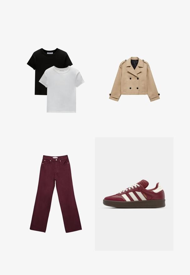 Béžový skrátený trenčkot s dvojradovým zapínaním na gombíky, s ramennými epauletmi a čiernymi gombíkmi. Mäkkučký materiál a prispôsobený strih.; Dvoje tričiek s okrúhlym výstrihom, jedna čierna a jedna biela, vyrobené z bavlny. Majú krátke rukávy a jednoduchý dizajn bez vzorov alebo akcentov.; Bordové džíny s vysokým pásom a rovnými nohavicami, ktoré majú predné vrecká, zapínanie na gombík a akcenty z medi.; adidas Originals SAMBA XLG UNISEX - Tenisky - noble maroon/core white