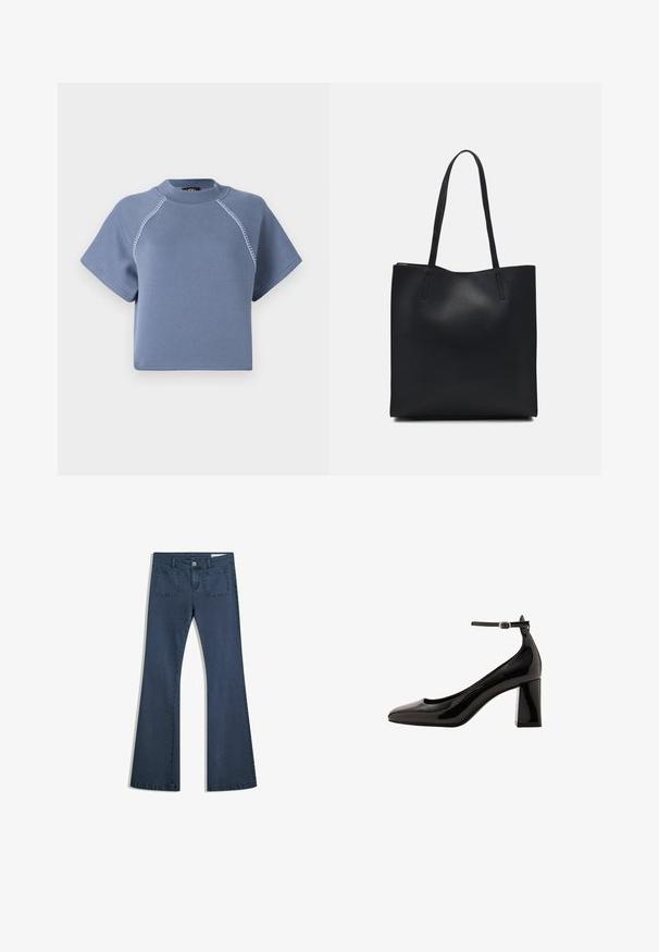 Cappotto tranciato beige con chiusura a doppio petto, spalline sulle spalle e bottoni neri. Tessuto morbido e design sartoriale.; Felpa cropped blu con maniche corte, scollatura rotonda e cuciture a contrasto lungo le cuciture delle spalle, realizzata in tessuto morbido.; Jeans in denim blu scuro a fiala con tasche cucite, chiusura con bottone e una texture liscia. Presenta un classico design a cinque tasche.; Décolleté neri in vernice con cinturino alla caviglia, finitura lucida, punta affusolata e tacco a blocco spesso. Texture liscia, dettagli minimi.; Borsa tote in pelle nera con texture liscia, forma rettangolare e due manici lunghi. Nessun hardware o decorazione visibile.