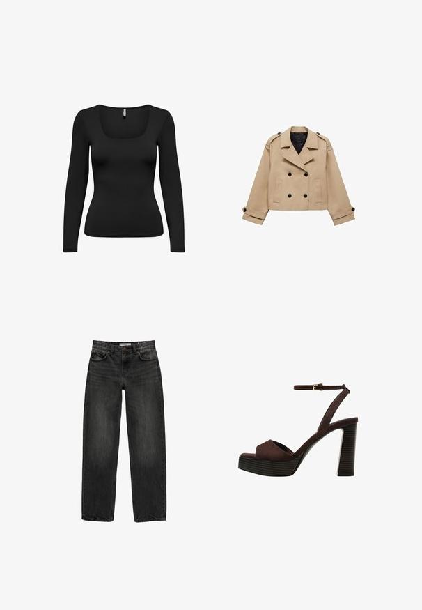 Beige cropped trench coat with double-breasted button closure, shoulder epaulettes, and black buttons. Soft fabric and tailored design.; Black long-sleeve top with a square neckline. Made of smooth, stretchy fabric. Fitted design tapering at the waist. Seamless shoulders.; Black denim jeans with a relaxed fit, straight leg, five-pocket design, and a slightly faded texture. Button and zipper closure at the front.; Brown suede high-heeled sandal with an open toe, adjustable ankle strap, and a striped platform sole.