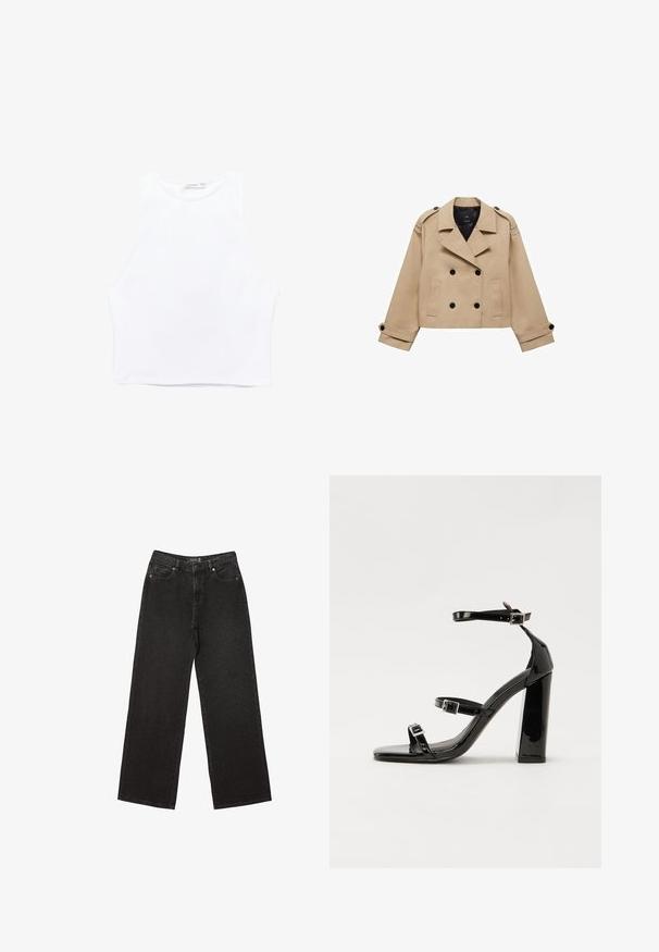 Béžový skrátený trenčkot s dvojradovým zapínaním na gombíky, s ramennými epauletmi a čiernymi gombíkmi. Mäkkučký materiál a prispôsobený strih.; Biely skrátený top bez rukávov vyrobený z hladkej tkaniny. Má široké ramenné otvory, okrúhly výstrih a čisté okraje bez viditeľných vzorov alebo ozdôb.; Čierne široké džínsy vyrobené z denimu, s malými bodkovanými vzormi, klasickým dizajnom s piatimi vreckami a zapínaním na gombík a zips.; Čierne lakované sandále na podpätku so štvorcovou špičkou, navlečenými remienkami okolo členku a striebornými prackami. Disponujú masívnym blokovým podpätkom pre stabilitu.
